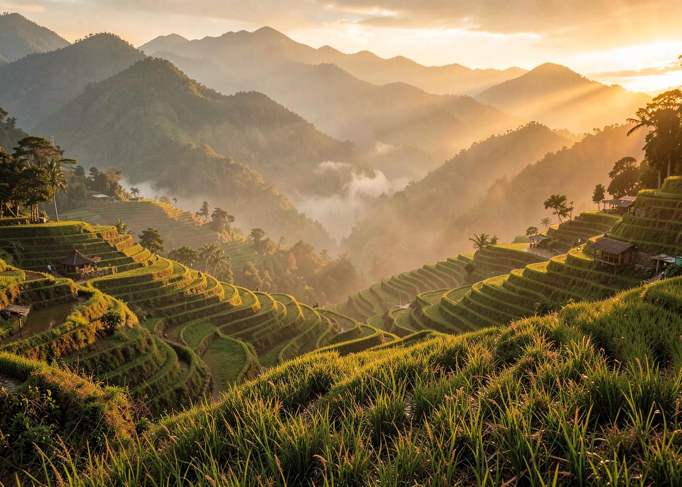 Arrozales en terrazas del norte de Tailandia bañados por la luz del amanecer