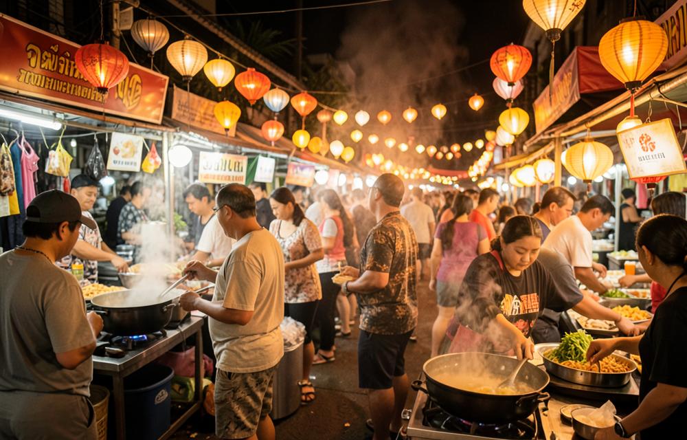 Mercado nocturno tailandés con farolillos y puestos de comida